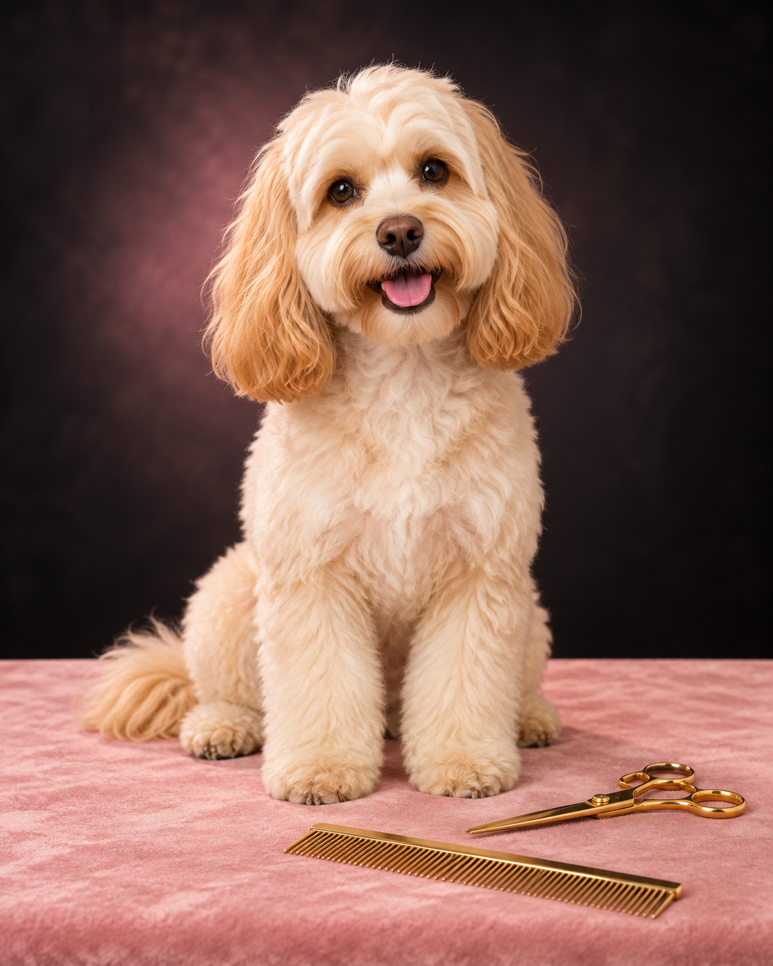 A golden dog sitting on a pink blanket after grooming